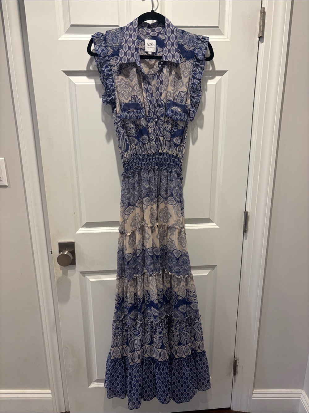 Misa Los Angeles Blue & Cream Tiered Maxi Dress